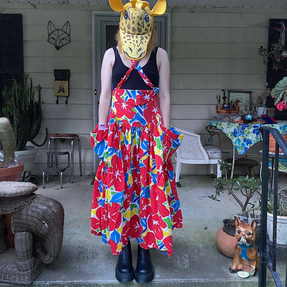 Vintage 1980s Supercraft Made in India Floral Cotton Overalls Dress High Waist